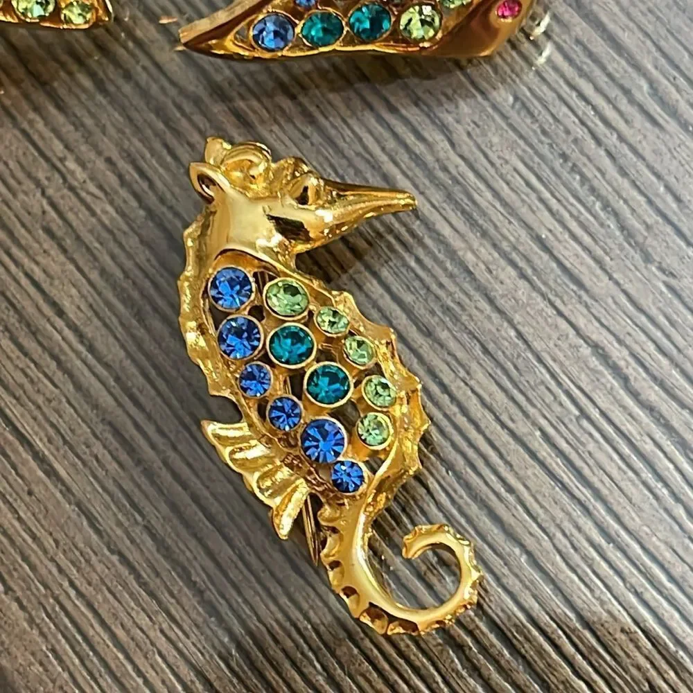 LIA Lianna Stamped 3 Ocean/Sea Themed Gold-tone Brooches w/ Rhinestone Accents